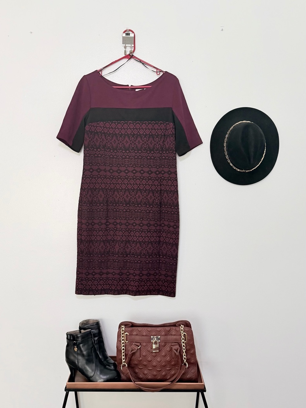 Liz Claiborne Burgundy and Black Patterned Midi Dress